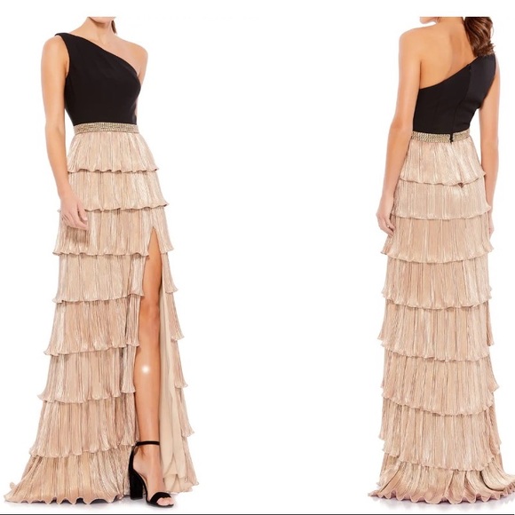 Mac Duggal Dresses & Skirts - Gold and black one-shoulder ruffle tiered gown from Mac Duggal Nordstrom